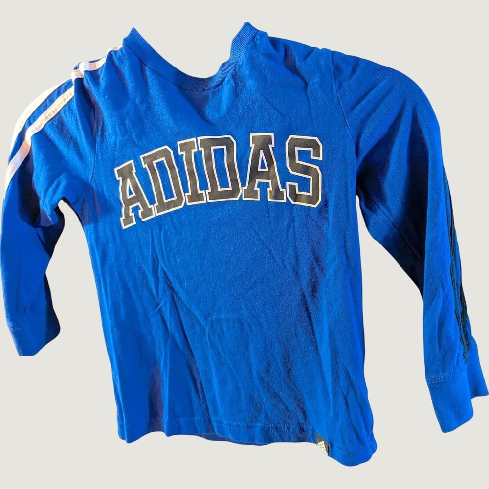 Adidas Long Sleeve Graphic Tee 4T Blue Cotton Athletic Crew Neck Shirt Spell Out